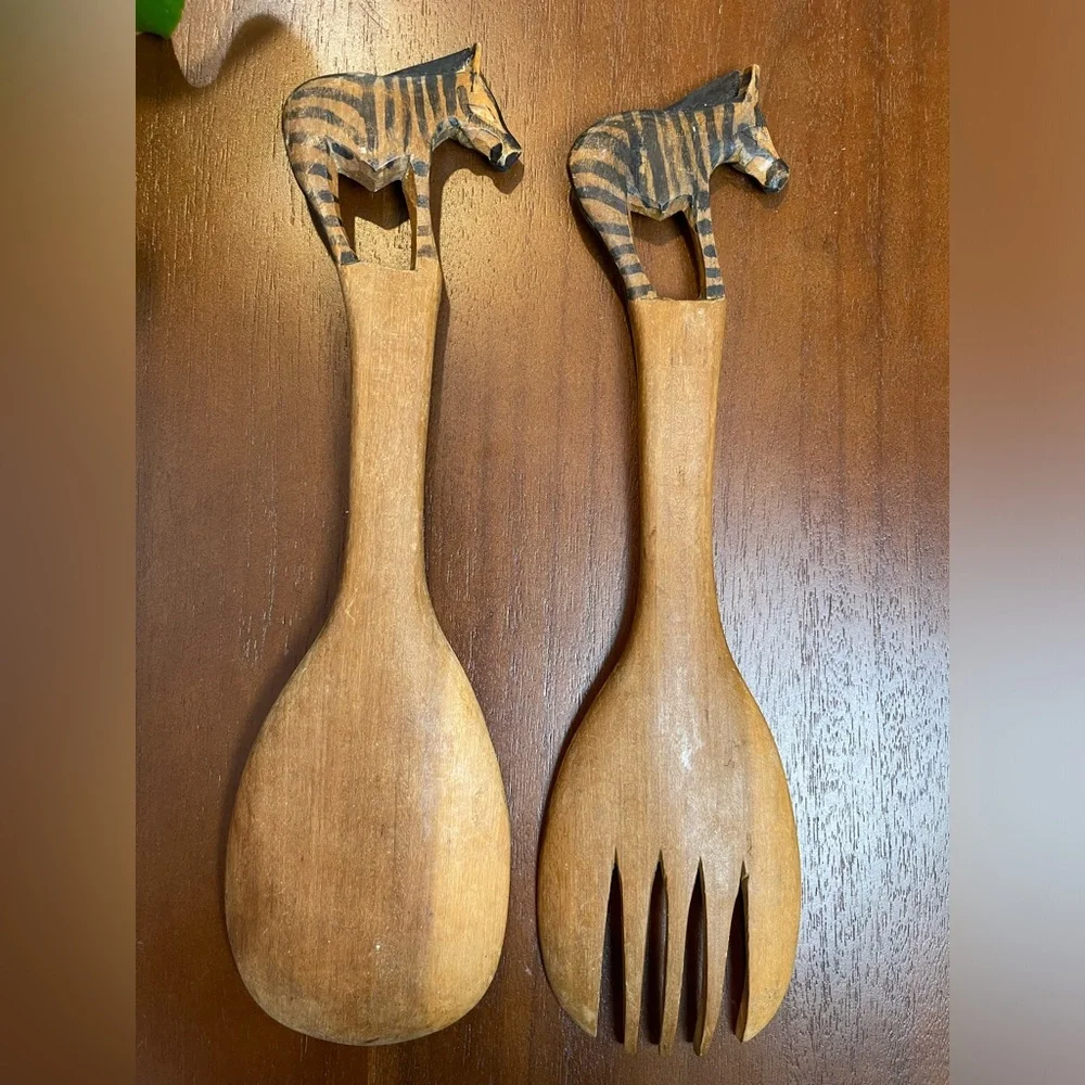 Wooden Salad Spoon and Fork Hand Carved and Painted Zebra Design‎ 11 Inches Long
